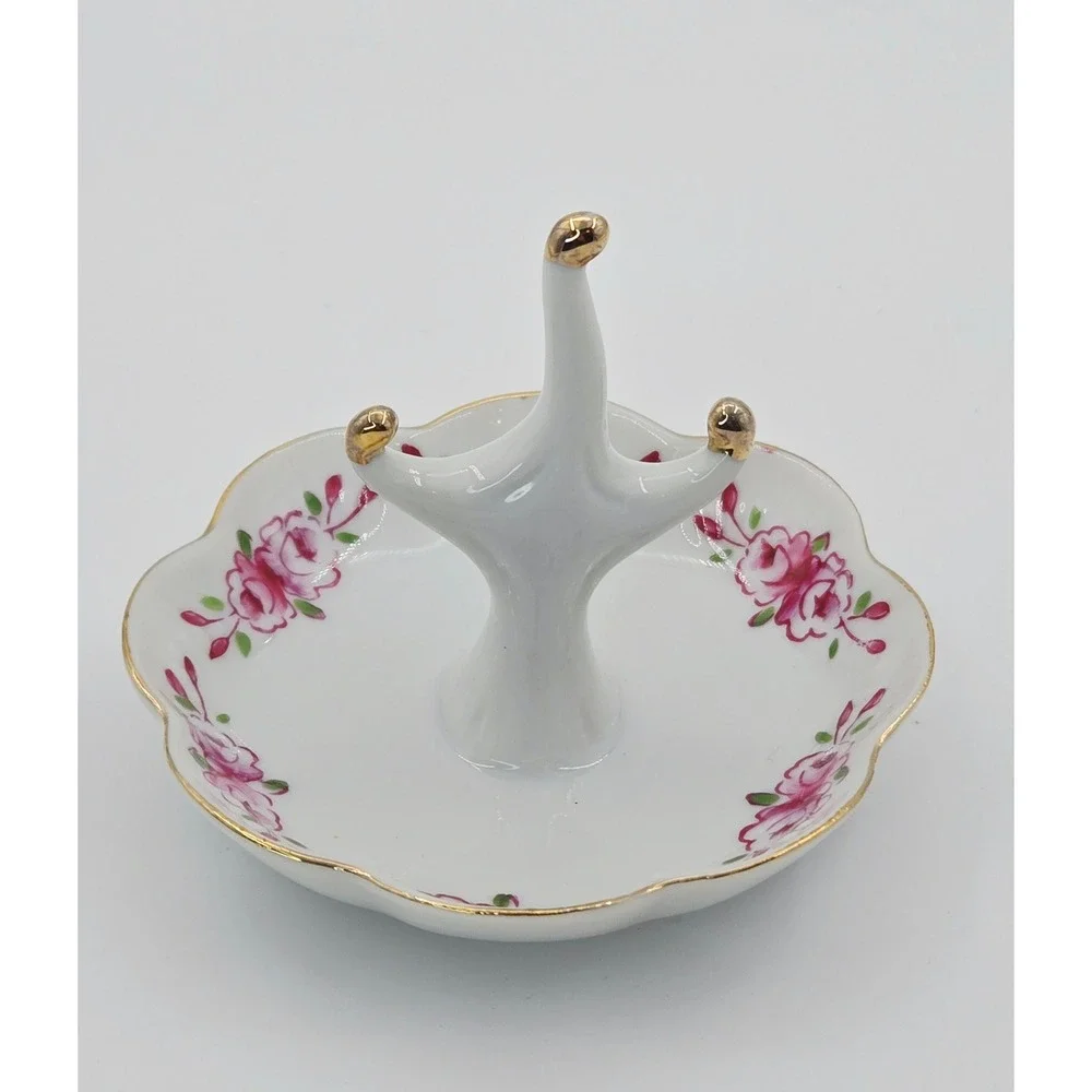 Vintage I.W. Rice Hand Painted Porcelain Ring Holder Pink Rose Gold Trim Japan